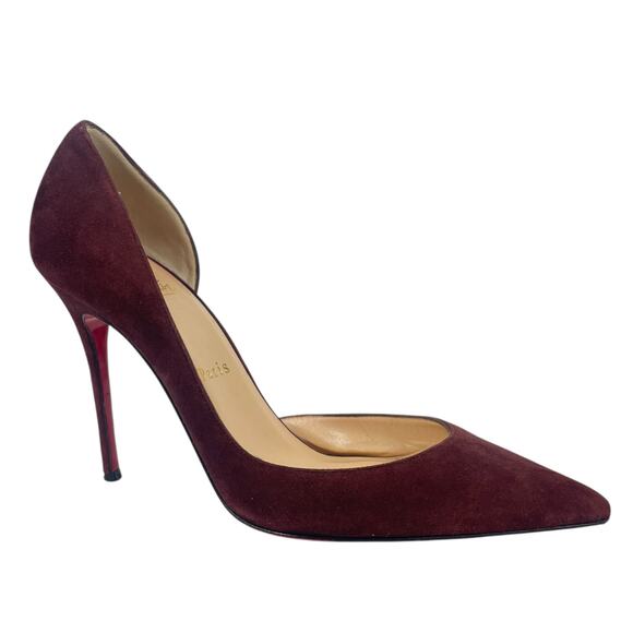 Christian Louboutin Iriza 100mm Half d'Orsay Suede Pump Burgundy Size 38.5 - Picture 1 of 14